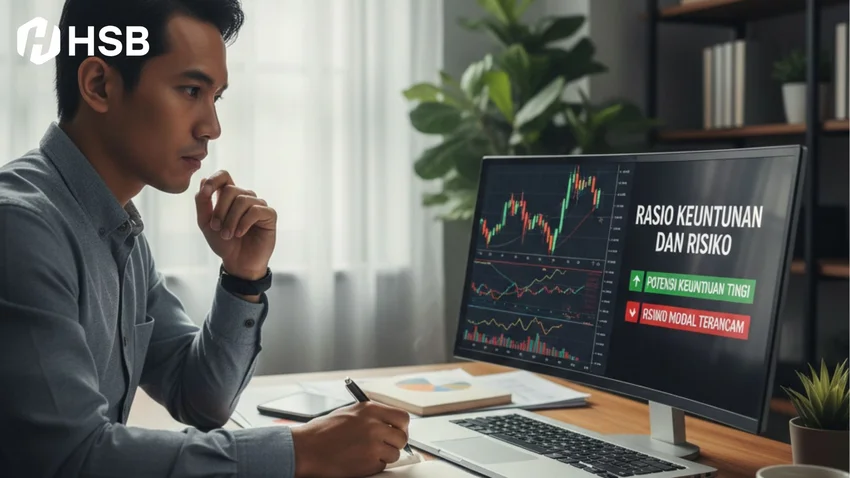 seorang pria sedang menghitung rasio keuntungan dan risiko dari investasinya