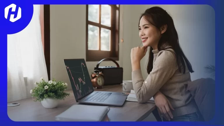 wanita sedang memperhatikan laptop untuk membuat support resistance dengan bollinger band