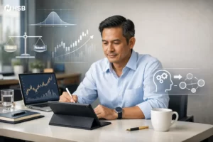 Ilustrasi editorial bagaimana cara berpikir rasional saat trading HSB